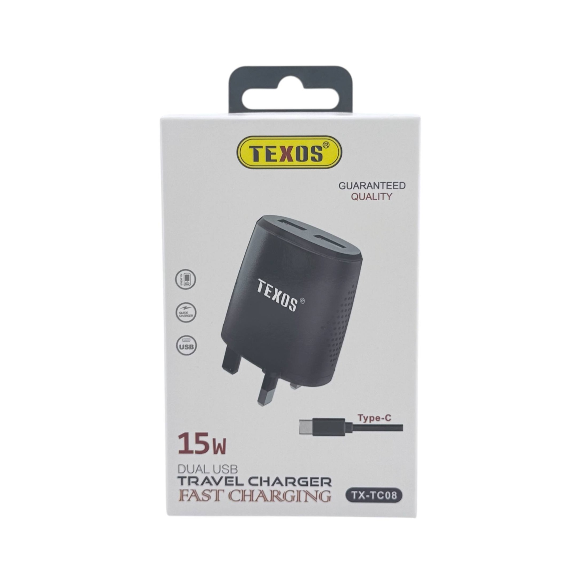 Texos 15W Dual USB Fast Charging Travel Charger with Type-C Cable (TX-TC08)