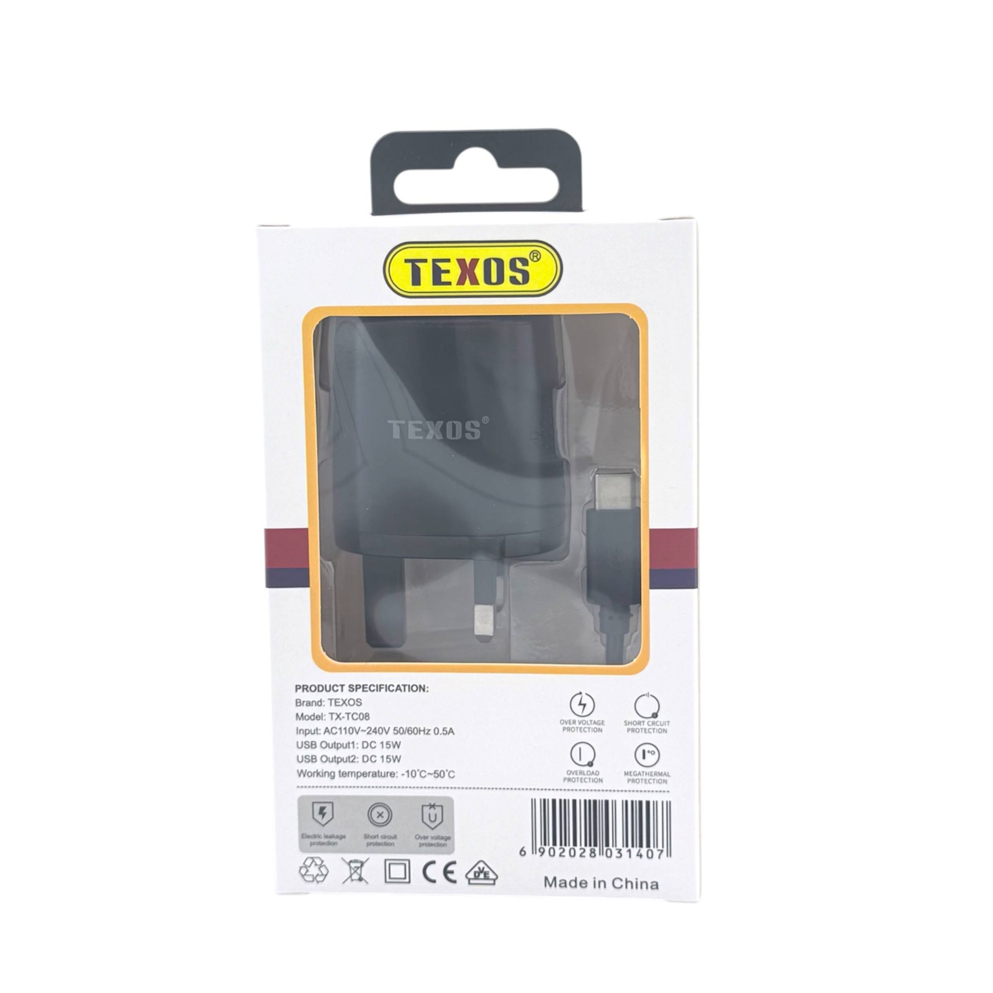 Texos 15W Dual USB Fast Charging Travel Charger with Type-C Cable (TX-TC08) — image 2