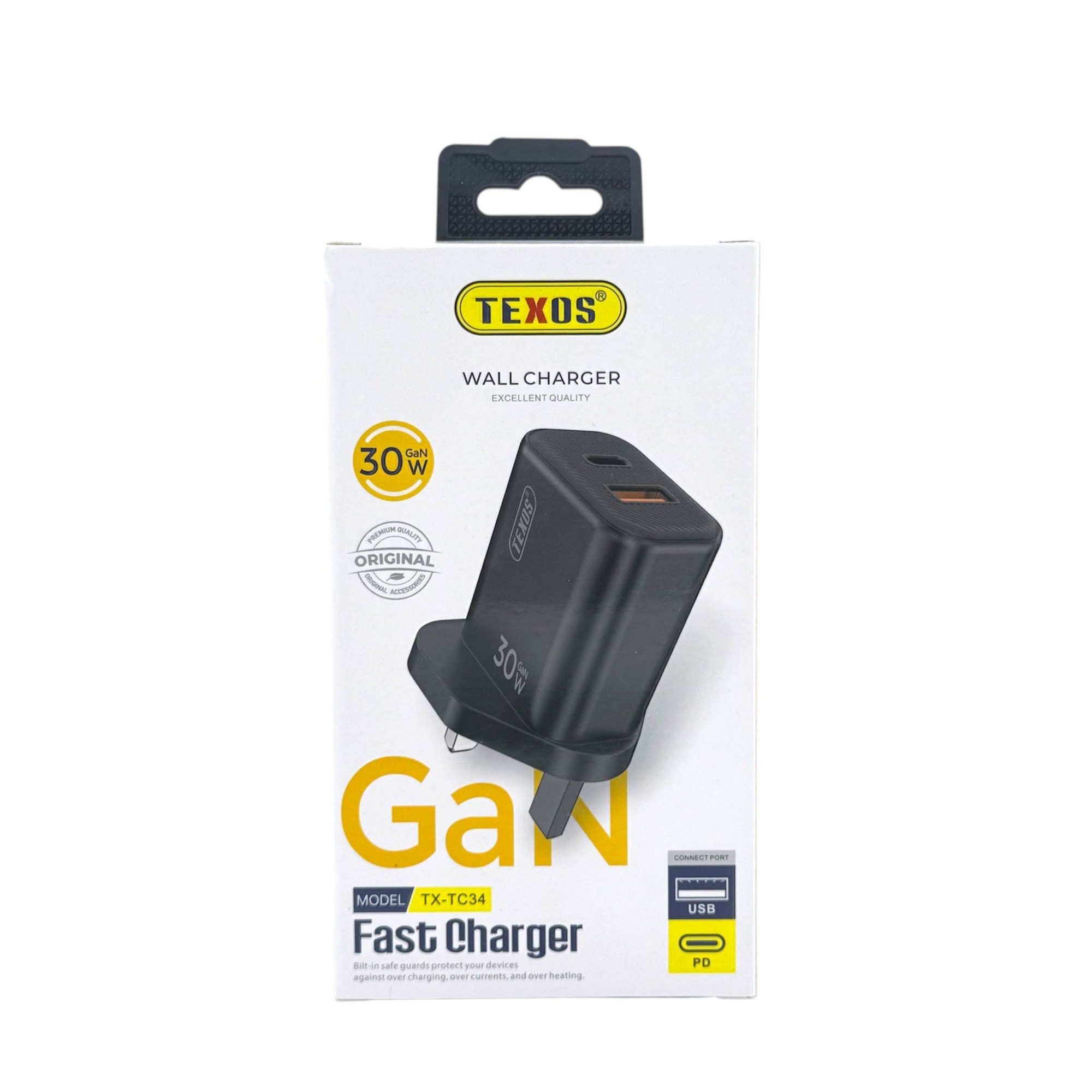 TEXOS 30W GaN Dual Port Wall Charger USB-C PD and USB-A - TX-TC34