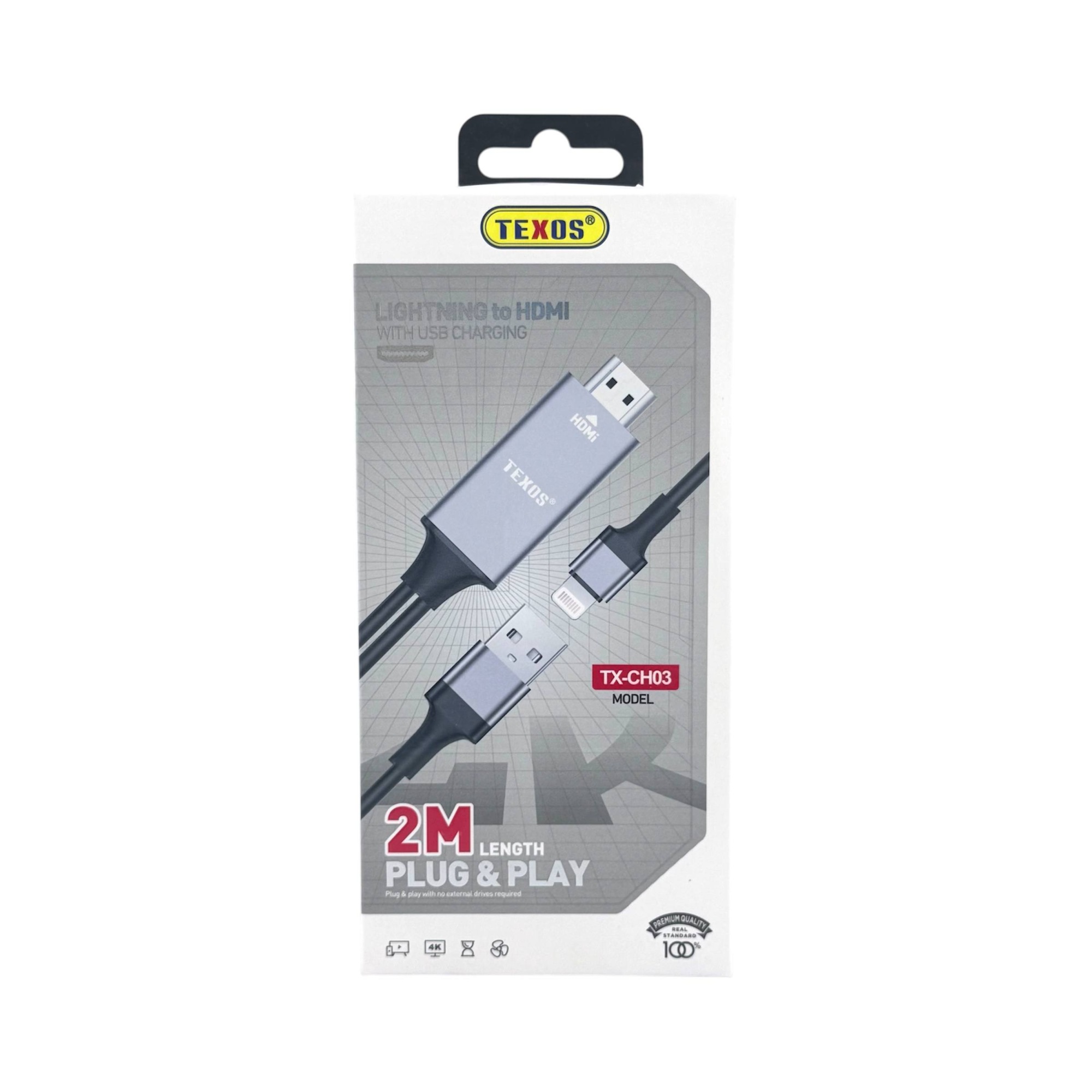 TEXOS CH-03 Lightning To HDMI Adapter Cable with USB Charging - 2M