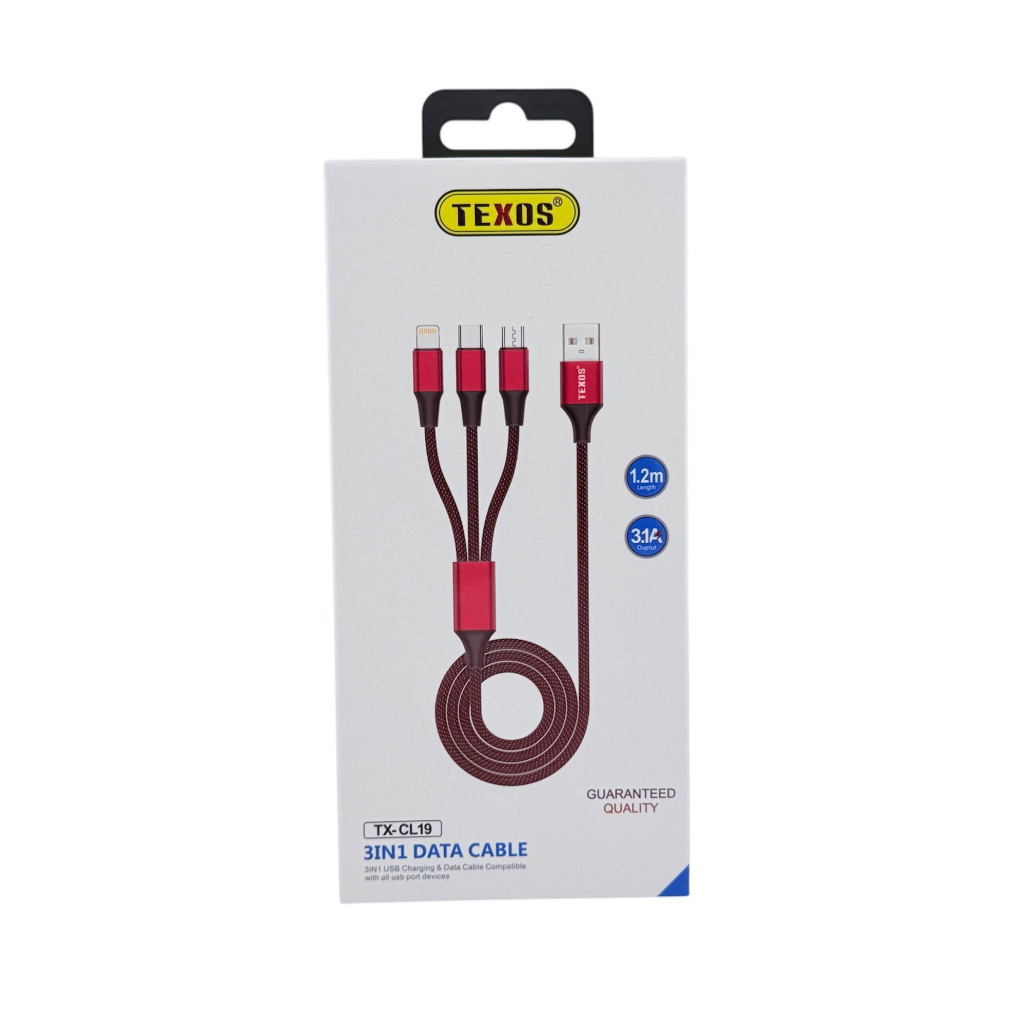 TEXOS CL-19 3-in-1 Universal Charging & Data Sync Cable - 1.2m, 3.1A