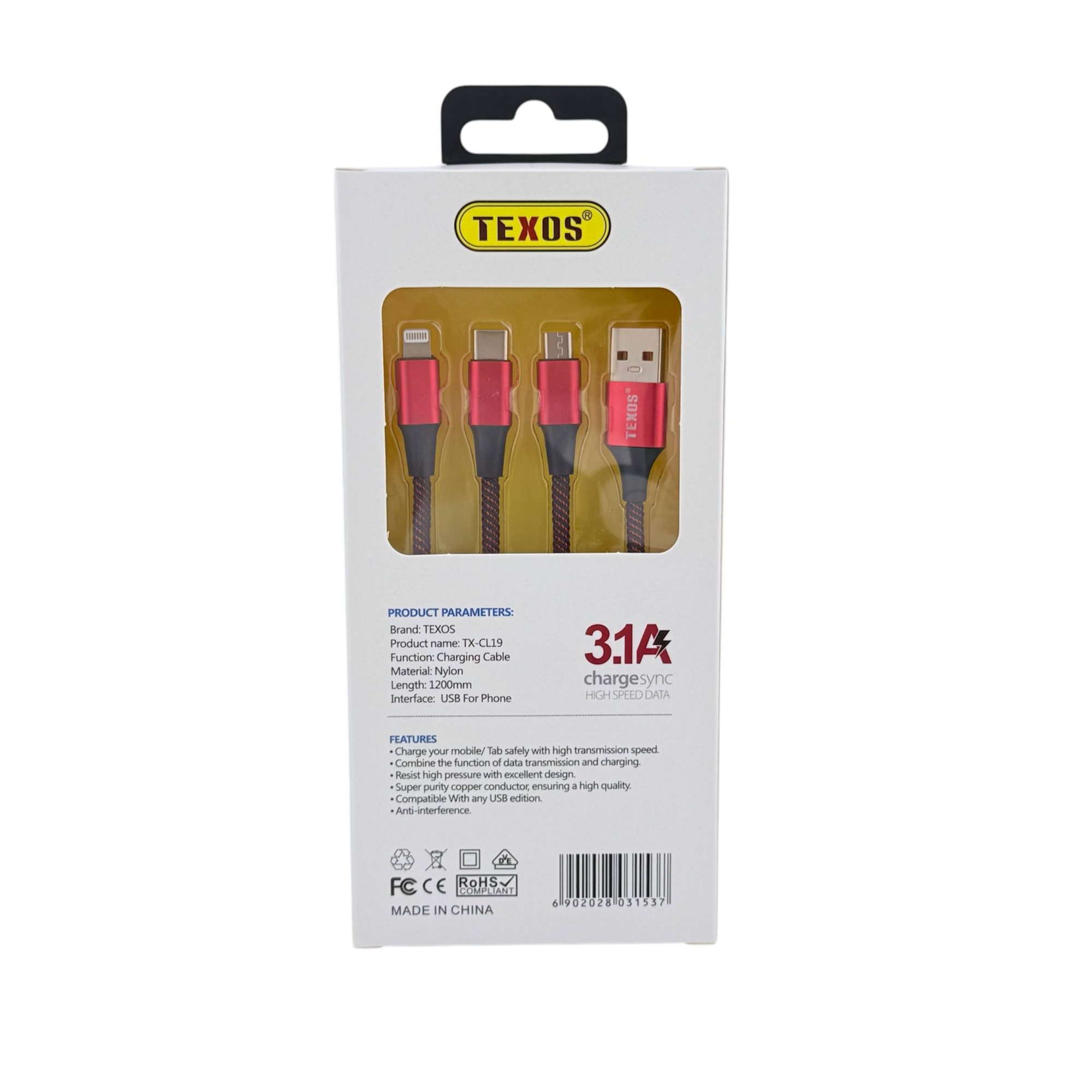 TEXOS CL-19 3-in-1 Universal Charging & Data Sync Cable - 1.2m, 3.1A — image 2