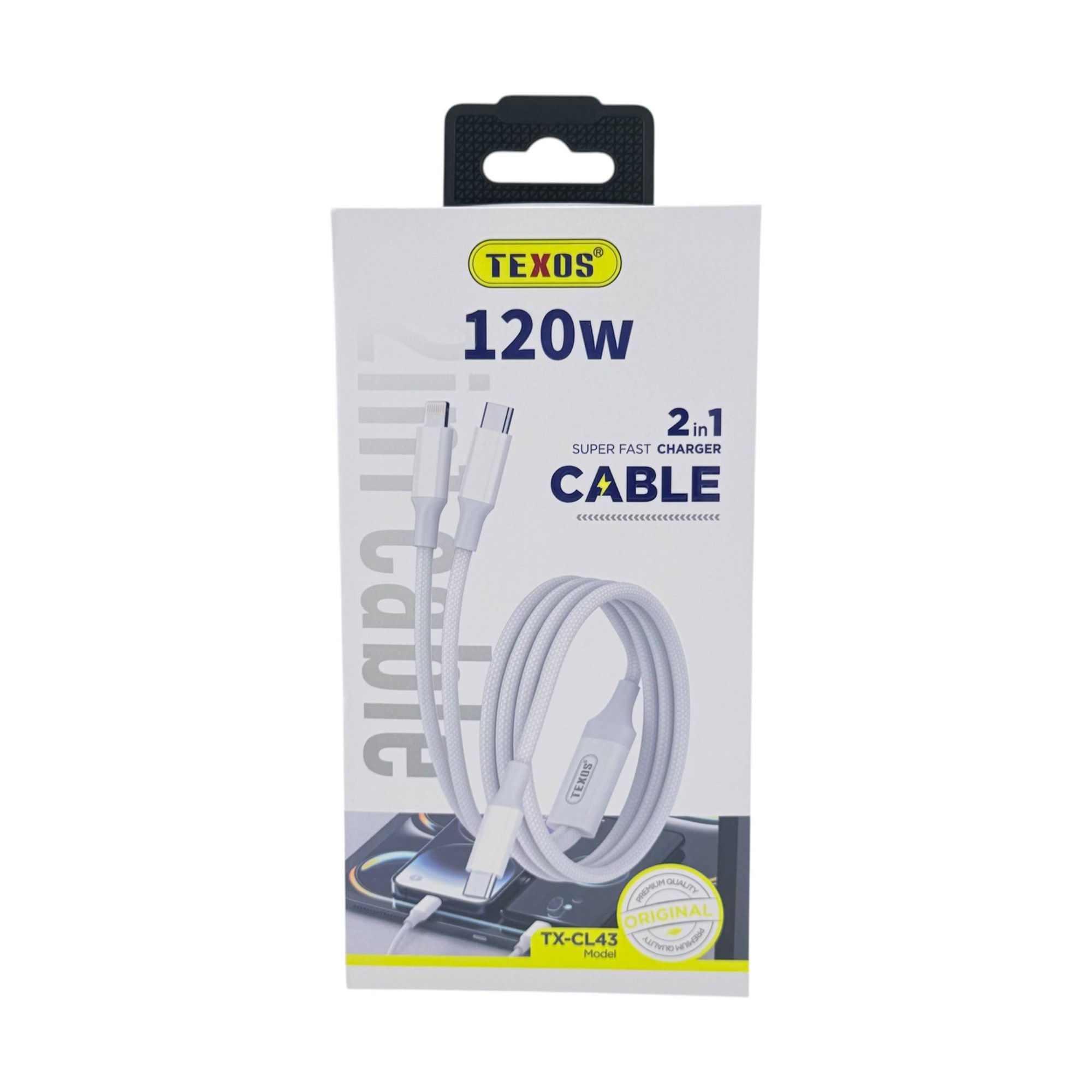TEXOS CL-43 120W 2-in-1 Super Fast Charger Cable for USB-C and Lightning Devices