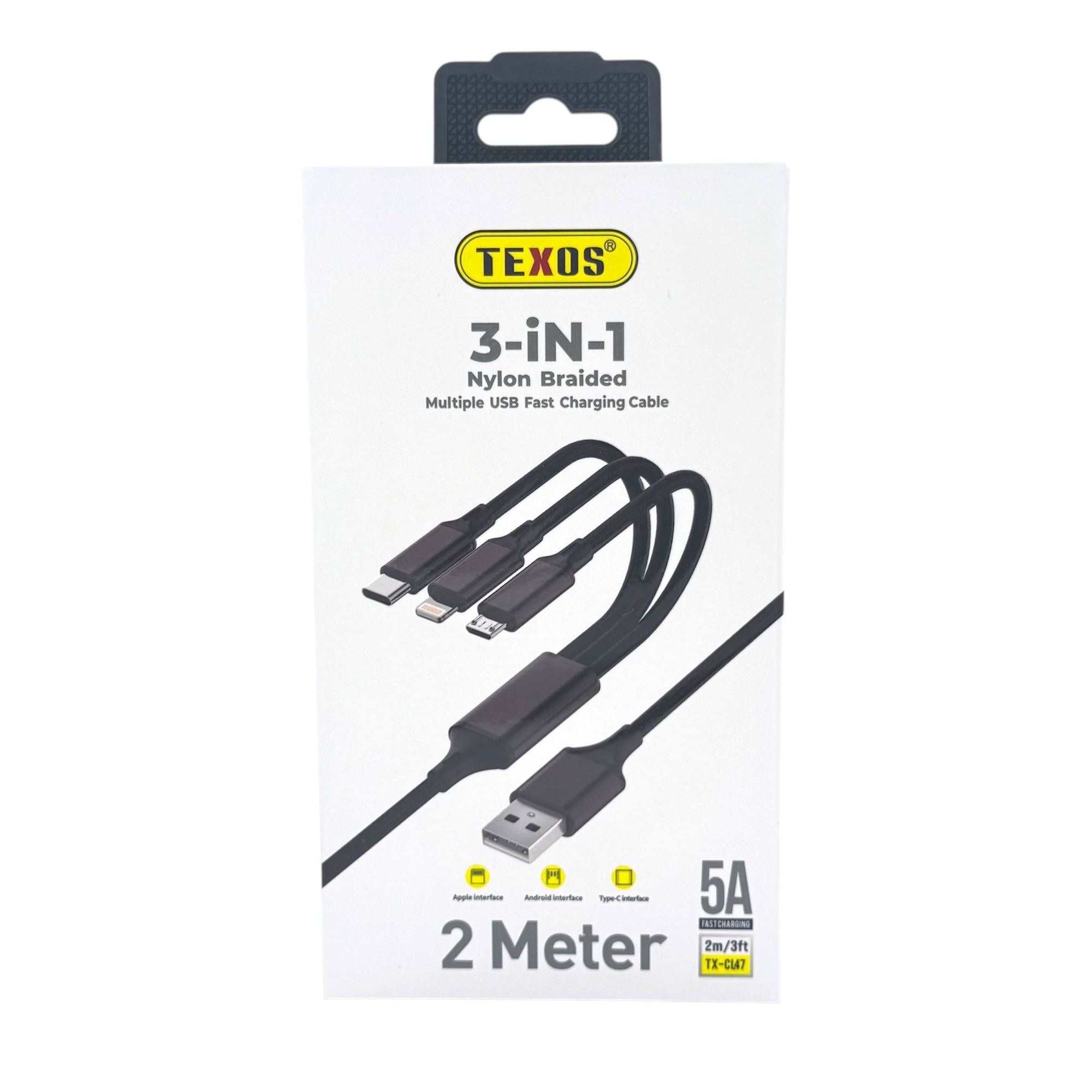 TEXOS CL-47 3-in-1 Nylon Braided Multiple USB Fast Charging Cable, 2 Meter
