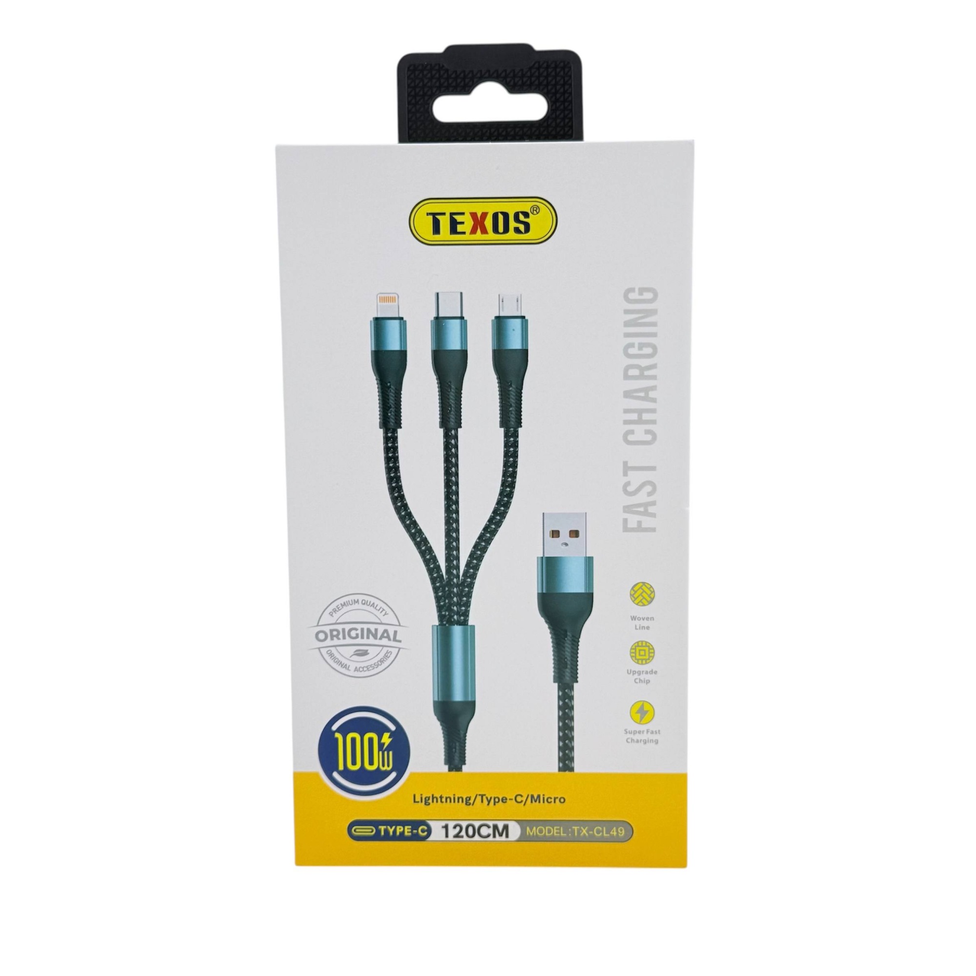 TEXOS CL-49 3-in-1 Braided Fast Charging Cable for Lightning, USB-C & Micro USB - 120cm