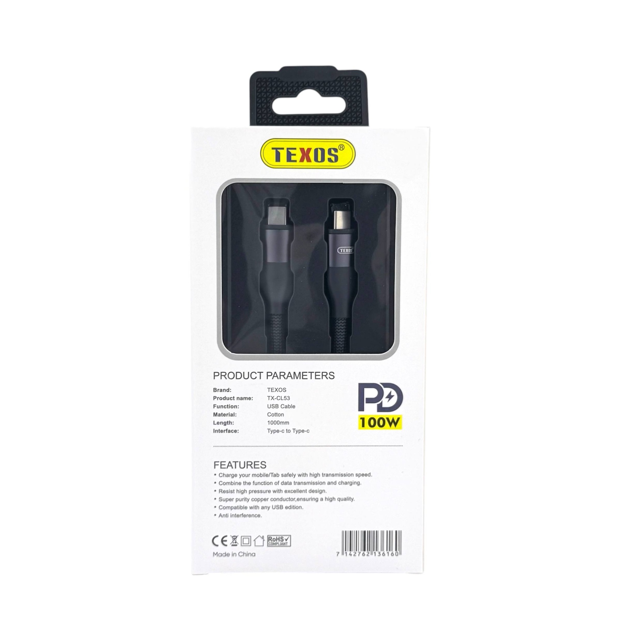 TEXOS CL-53 100W PD USB-C to USB-C Data Cable, 1 Meter — image 2