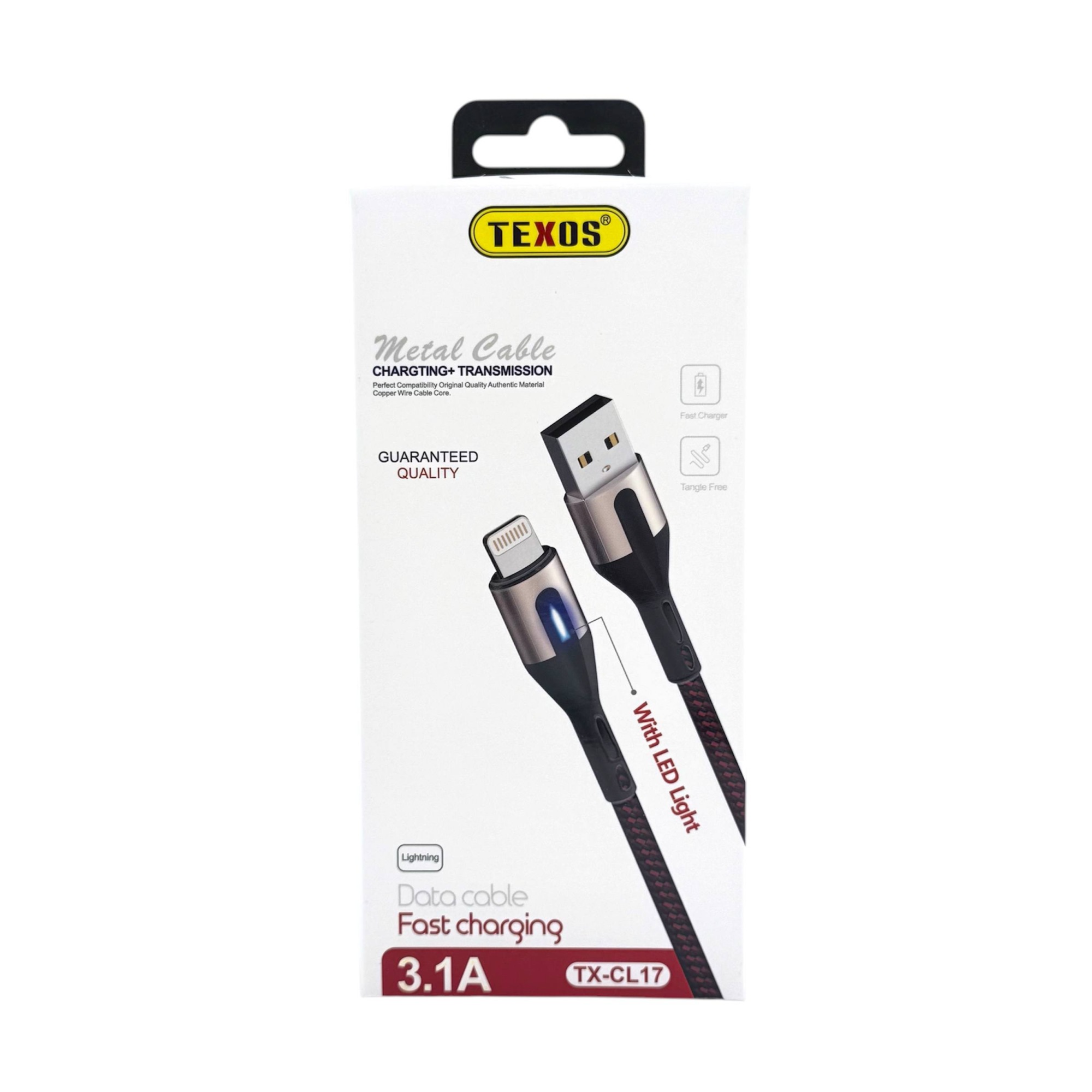 TEXOS TX-CL17 3.1A Metal Braided Cable with LED Light, 1000mm