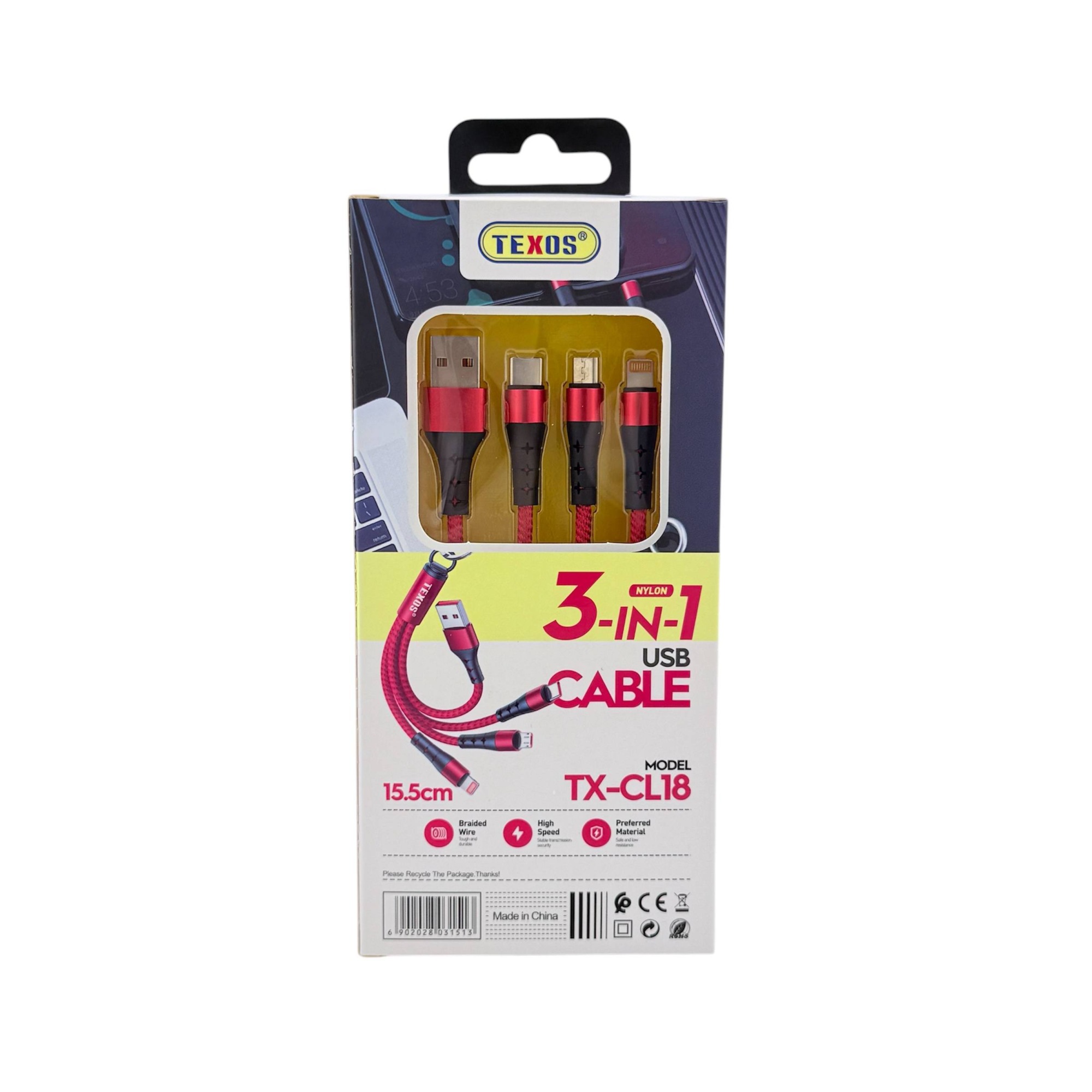 TEXOS TX-CL18 3-in-1 Nylon Woven Key Chain USB Cable - Lightning, Type-C, Micro USB — image 2