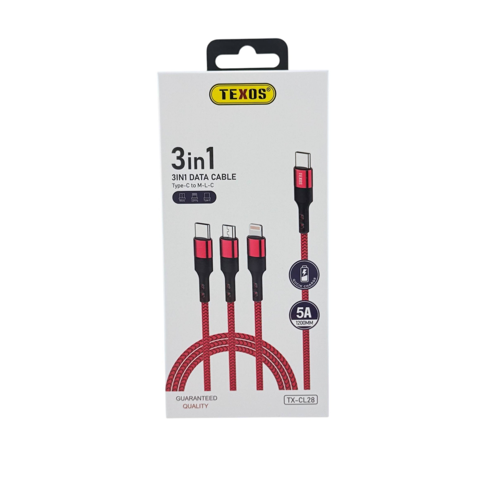 TEXOS TX-CL28 3-in-1 Fast Charging Data Cable with Type-C, Lightning & Micro USB - 5A, 1.2M