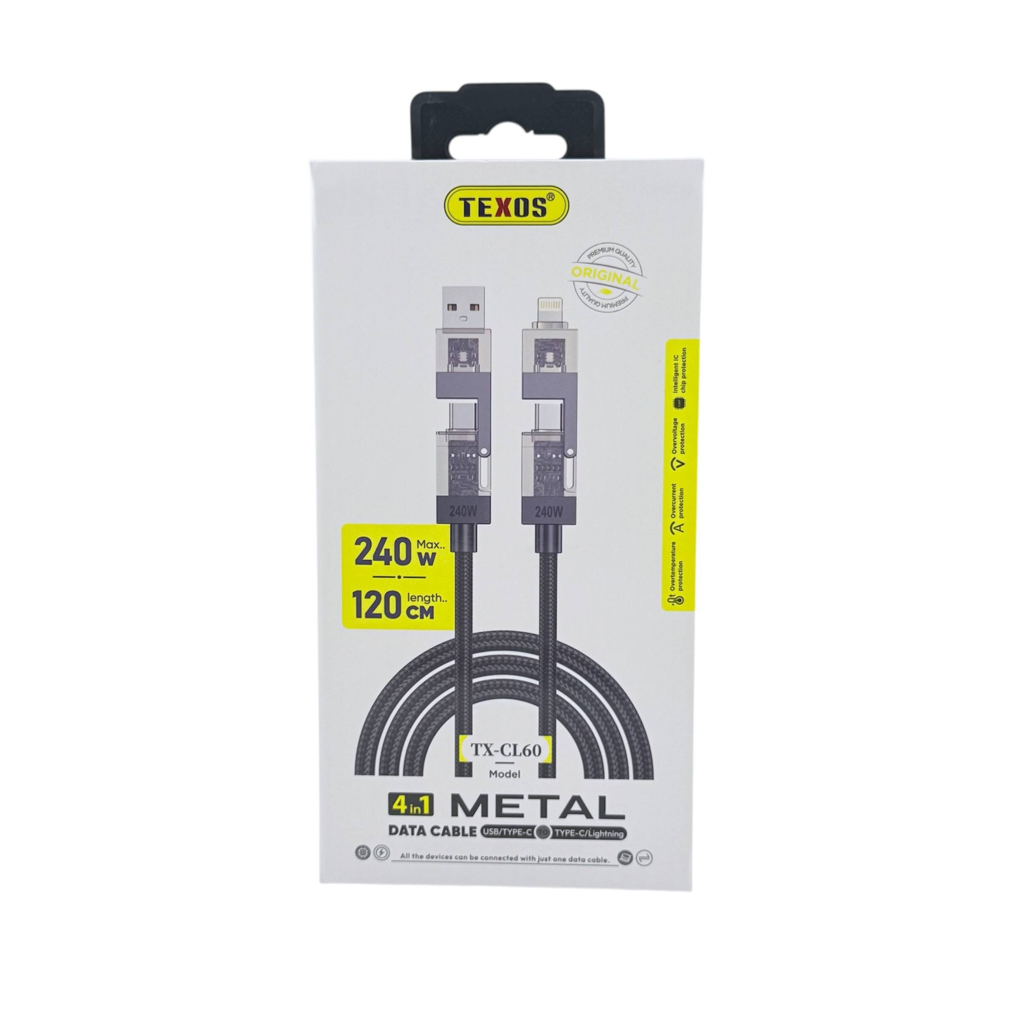TEXOS TX-CL60 240W 4-in-1 Metal Data Cable - USB/Type-C to Type-C/Lightning, 120CM