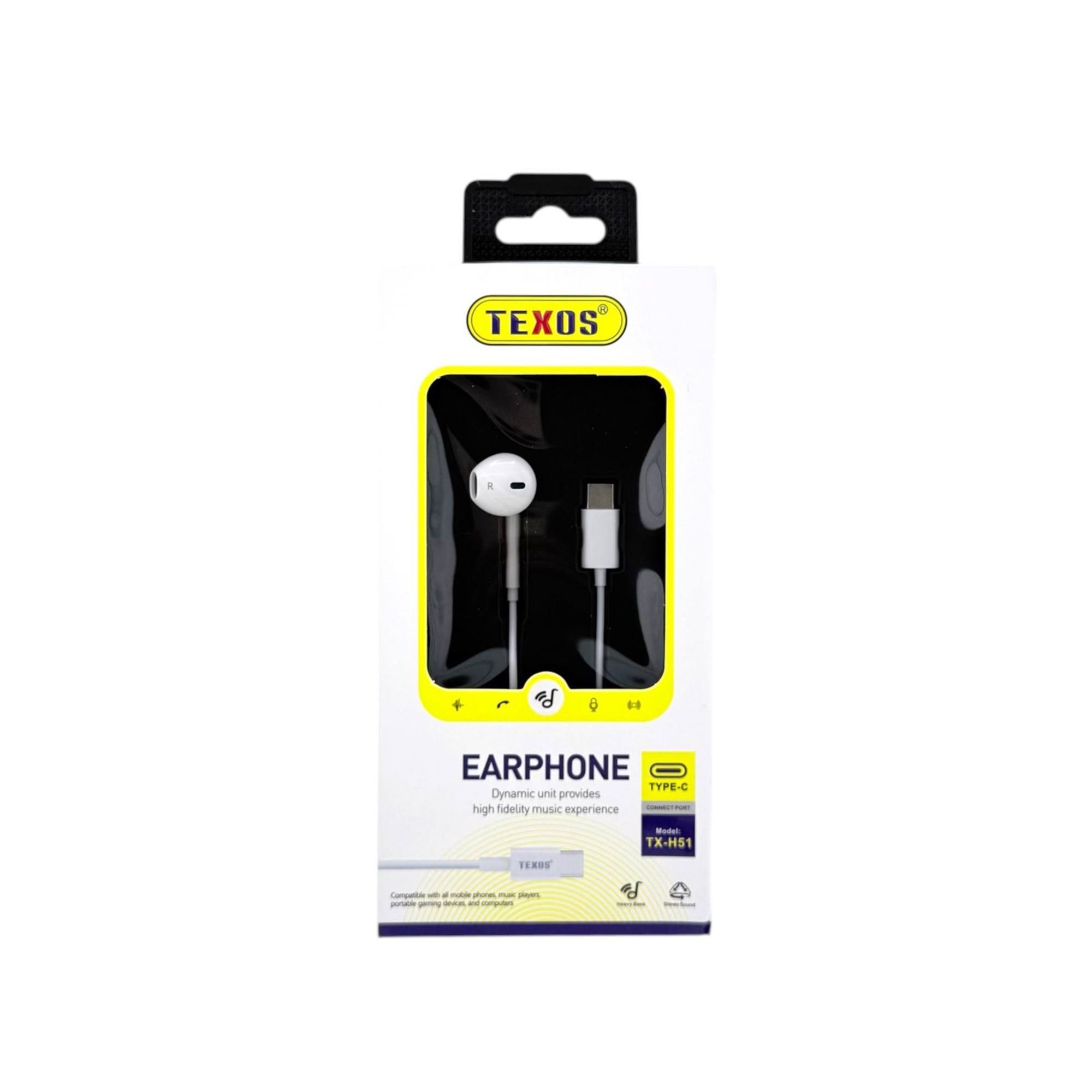 TEXOS TX-H51 USB Type-C Wired Earphones with Heavy Bass and Stereo Sound - White — image 2